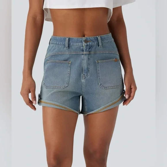 Halara Flex Mid Rise Pocket Rolled Hem Washed Denim Shorts Blue M NWT - Picture 3 of 8